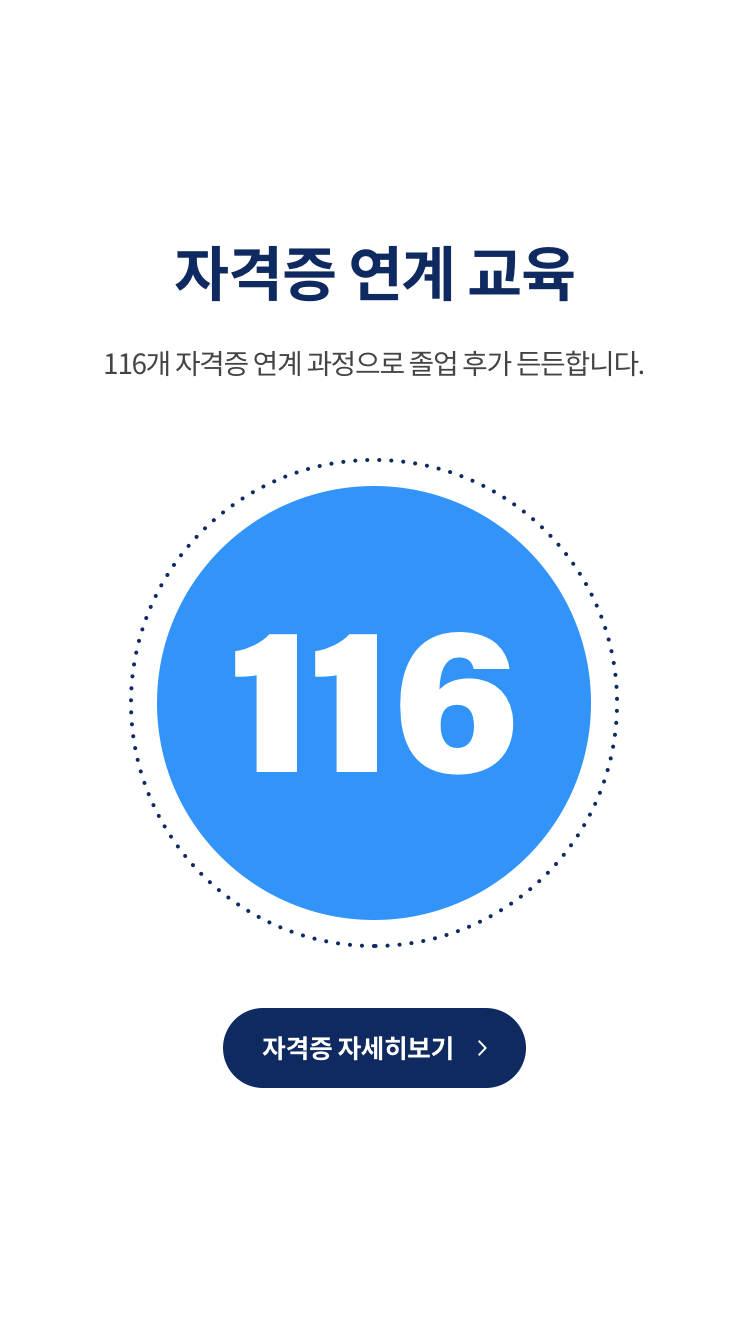 자격증 연계 교육 – 116개 자격증 연계 과정으로 졸업 후 가 든든합니다.  자격증 자세히보기