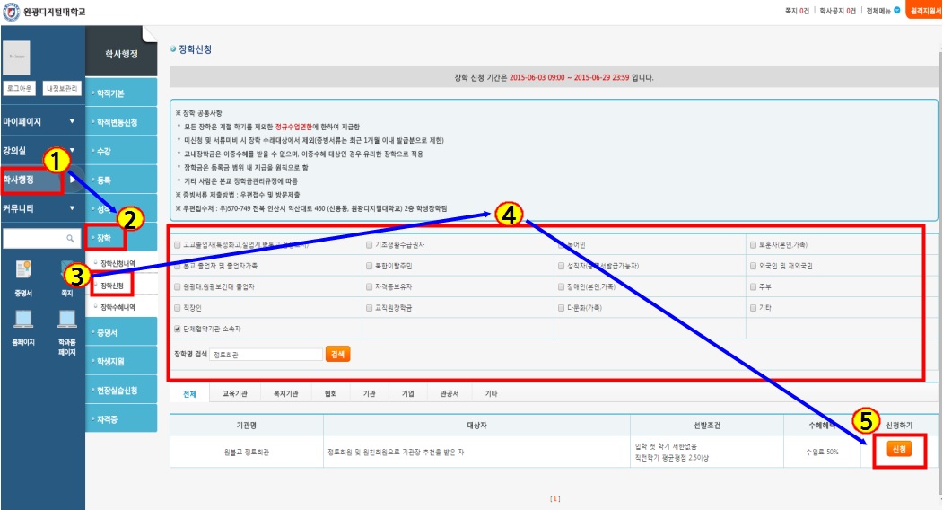 등교하기→학사행정→장학→장학신청→장학선택→신청